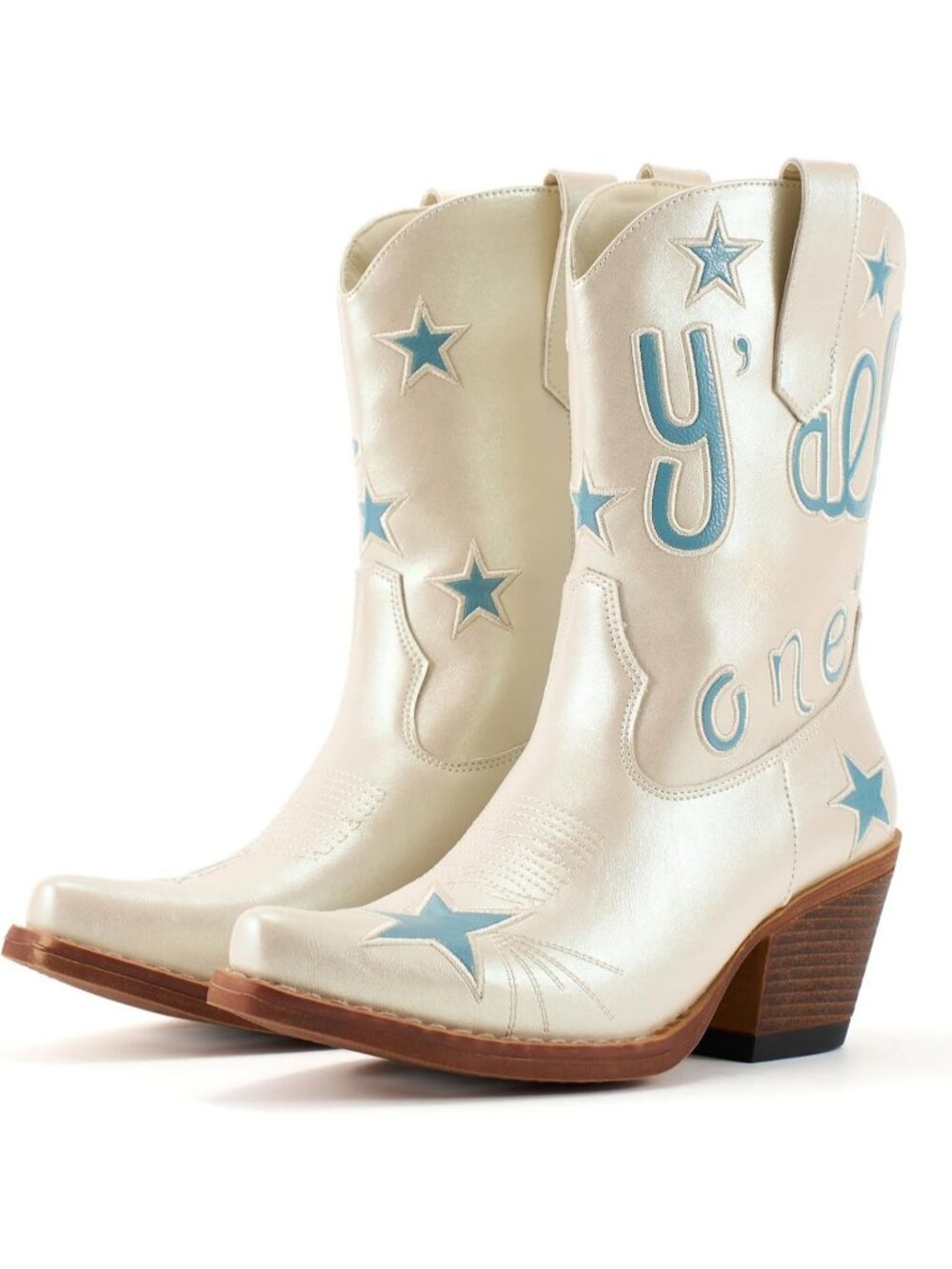 Women's White Mid-Calf Cowgirl Ankle Boots Snip Toe Low Chunky Heel Classic